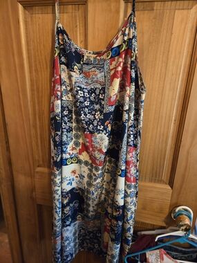 SHEIN Navy, Red & Cream Patchwork Floral Slip Midi Dress